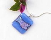 Fused Glass Jewelry Pendant Necklace - Aquamarine Blue Dichroic Glass Rectangular Pendant