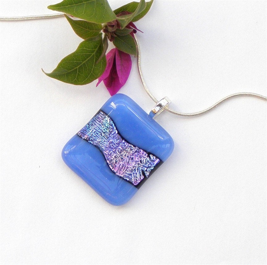 Fused Glass Jewelry Pendant Necklace - Aquamarine Blue Dichroic Glass Rectangular Pendant
