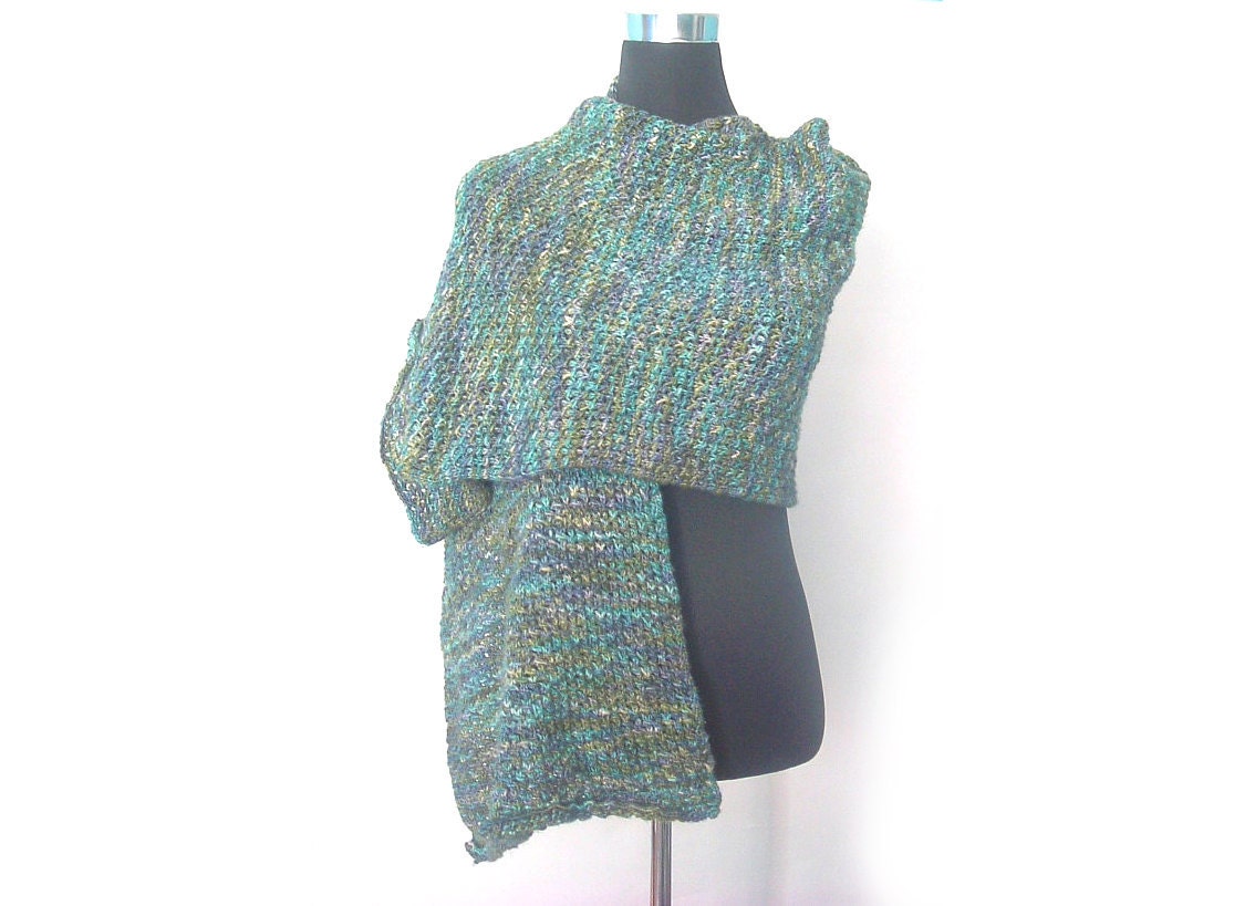 Lace Shawl or Wrap in Rainforest Green, Grey, Teal and Blue