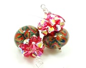 Pink Green Glass Earrings, Boro Lampwork Earrings, Crystal Cluster Earrings, Glass Bead Earrings, Beaded Earrings, Beadwork Earrings