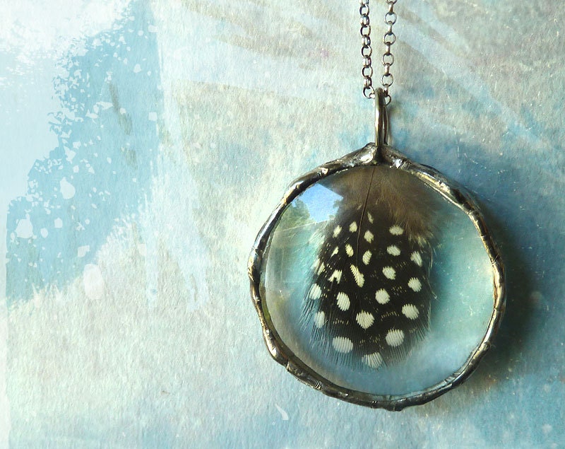 Spirit. Feather Necklace Sterling Silver Chain. Black and White Round Medium Glass. Boho Feather Jewelry