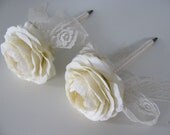 Guest Book Pens Set of 2 Jute, Twine or Ribbon Wrapped You customize Colors and Flowers Ivory Ranunculus and Lace Shown