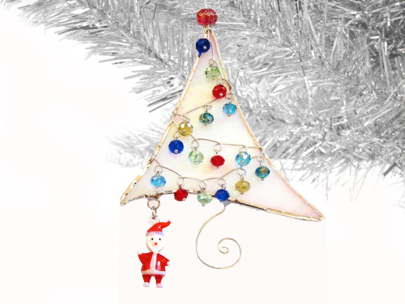 Stained Glass Ornament Christmas Tree and Santa Claus Handmade OOAK White