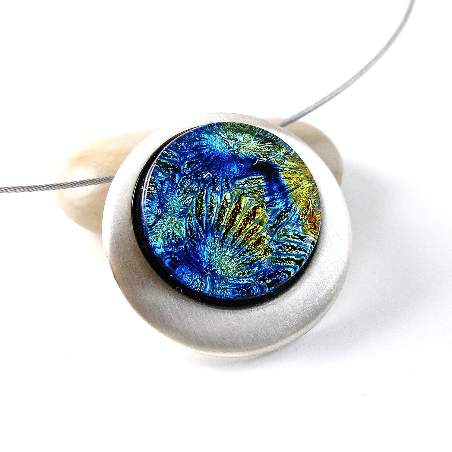 Blue Glass Pendant, Floating Fused Glass Silver Necklace
