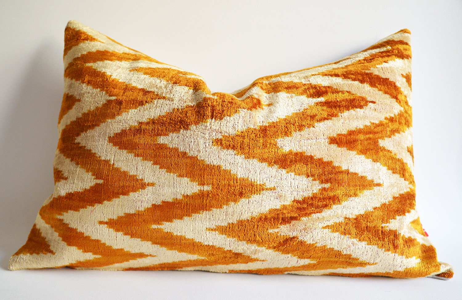 Sukan / Silk Velvet Ikat Pillow Cover, Lumbar Pillow - Decorative Ikat Throw Pillow Cover - Decorative Pillows - Beige, Gold Mustard