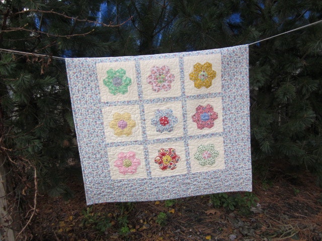RESERVED FOR SAMANTHA Hexagon Flowers Baby Quilt