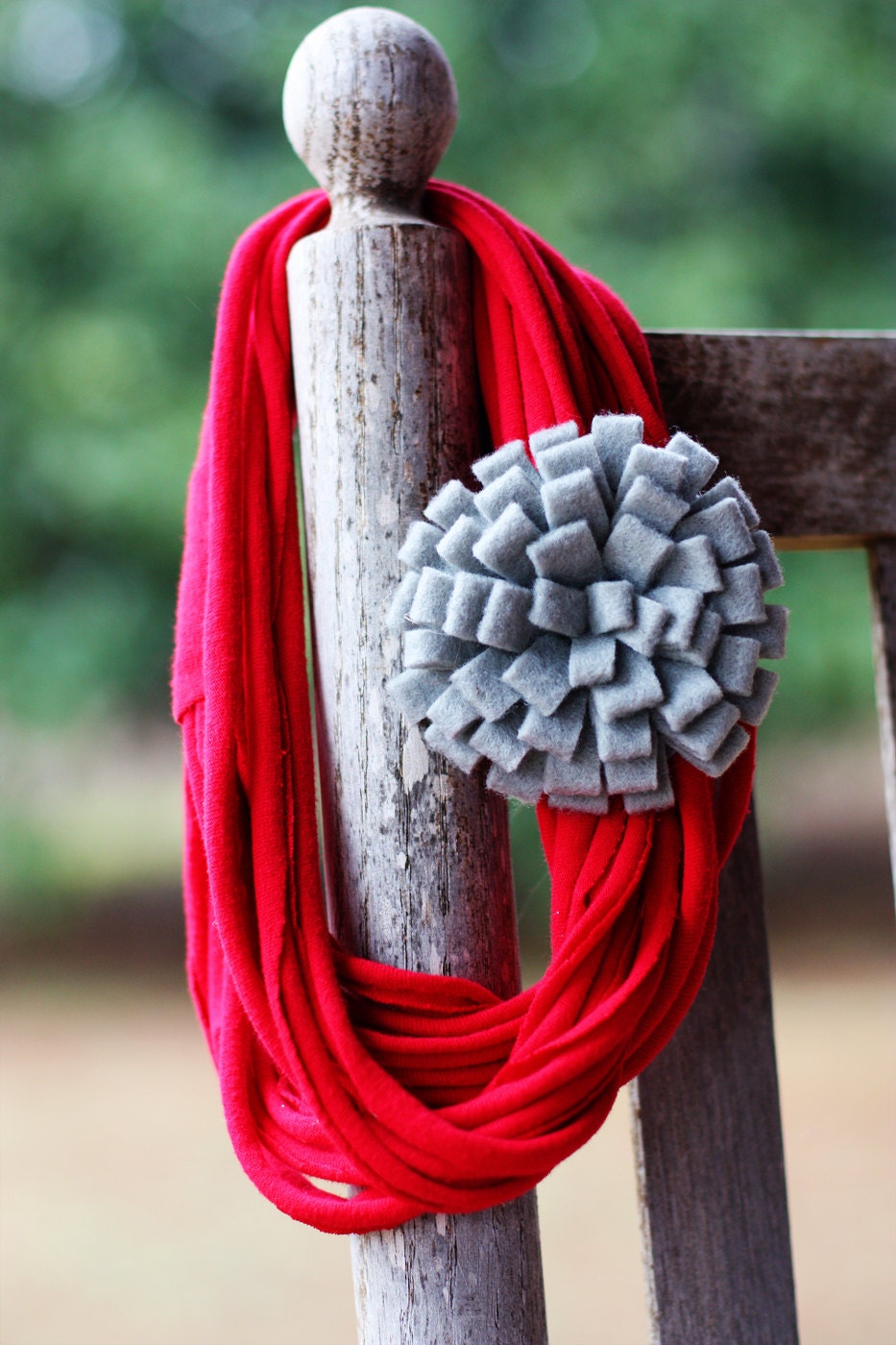 Infinity Scarf Necklace with Felt Rosette Brooch - Crimson and Gray Football Colors