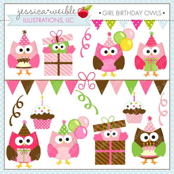 Girl Birthday Owls - Cute Digital Clipart for Commercial and Personal Use, Pink Girl Owl Clipart, Birthday Girl Graphics Il_570xn