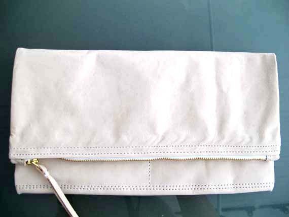 White Leather Clutch - Foldover Pearl white zipper pouch