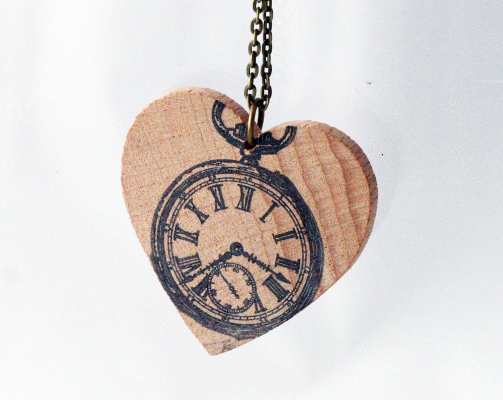 Pocket watch print hand stamped wooden necklace