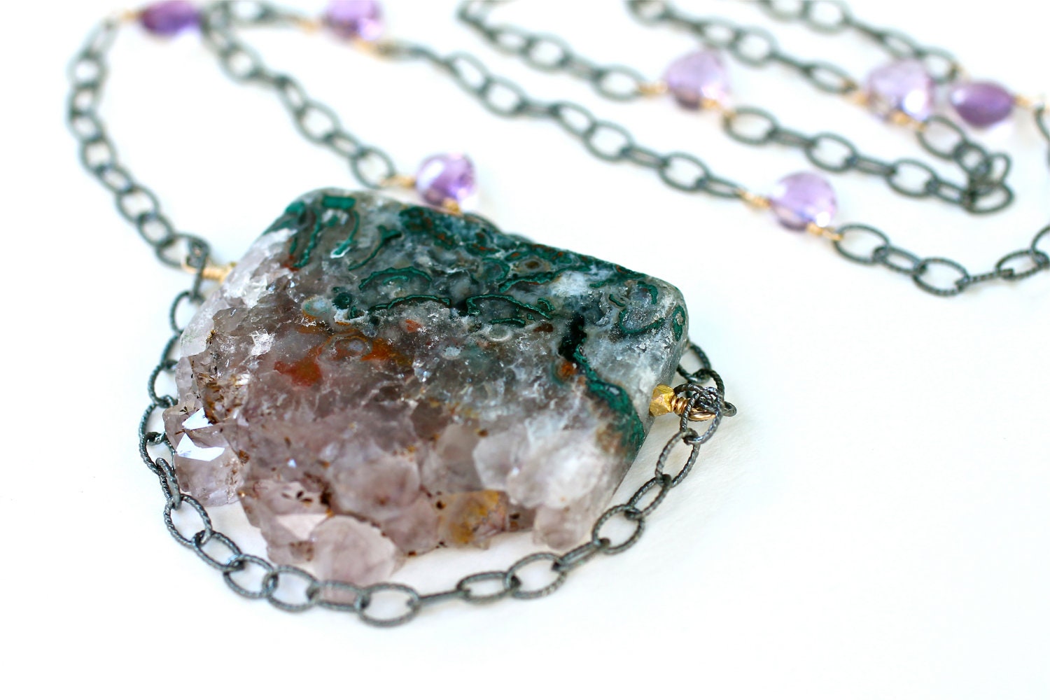 Amethyst Drusy Necklace Rough Stalactite Long SIlver Chain Amy FIne Design