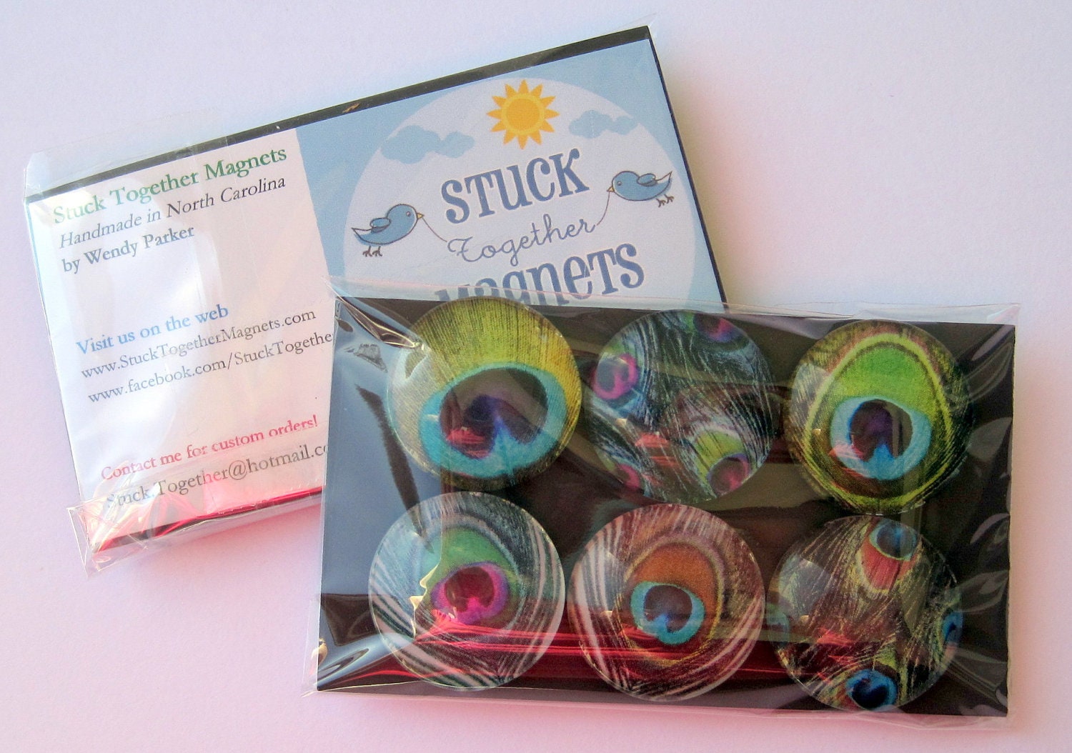 Peacock Feather Magnets - Set of Six Glass Magnets - 1 Inch Domed Glass Circles