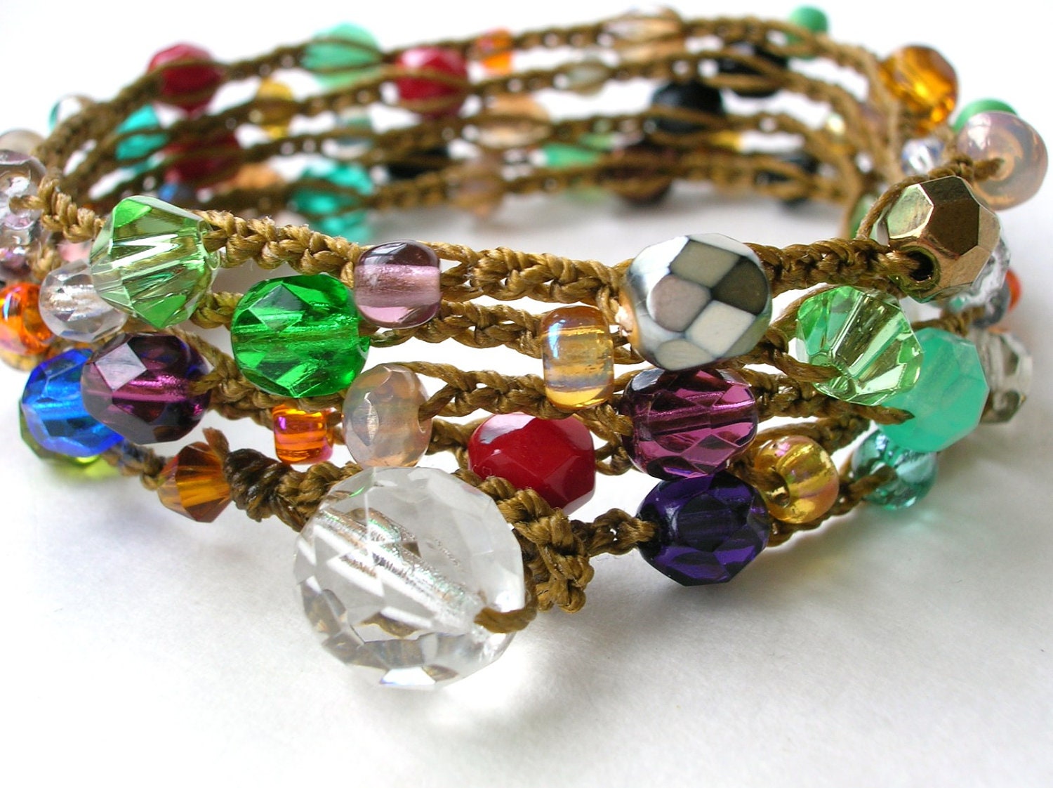 Colorful beaded wrap bracelet - Stained Glass -  Bohemian crochet jewelry, long necklace, gypsy,  jewel tones, sparkly