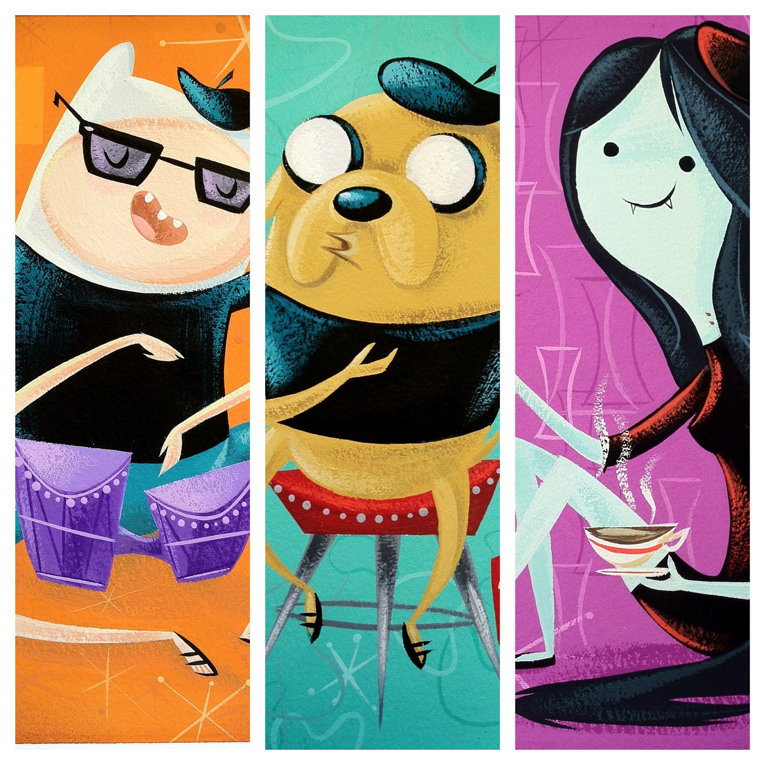 Adventure Time Beatniks, Original Framed Painting Trio