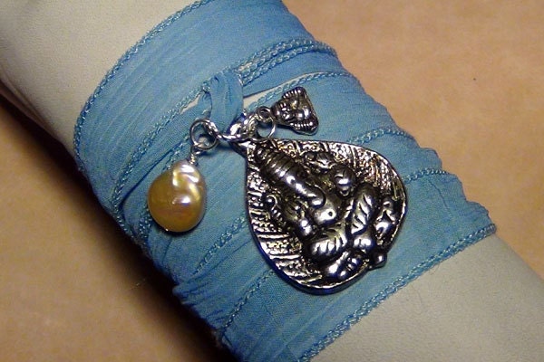 Hand Dyed Silk Ribbon Wrap Bracelet Blue Silver Buddha Ganesh Pearl Yoga Jewelry Remover of Obstacles