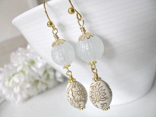Vintage Pale Blue Cream Gold Floral Eggs Earrings - Soft White Winter, Gift For Her - AllureByU