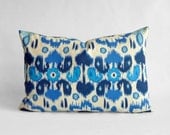 Designer Lumbar Pillow Cover in Rio Arctic Blue/ Natural - 12x18 inch (Ikat in Shades of Blue on Natural Cream)