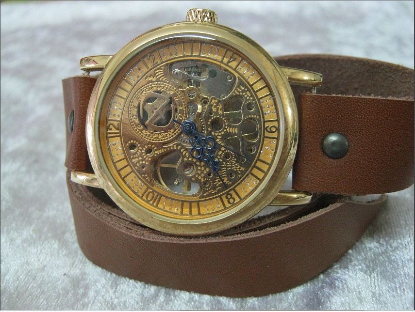 Skeleton Vintage Retro Steampunk camel Tan Leather Wrap Watch Mechanical Wind Watch with a lovely Silver Gold skeleton pattern FREE SHIP