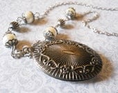 Silver Oval Locket Necklace, Silver Locket Necklace, Long Locket Necklace, Locket Necklace with Pearls, Oval Locket Necklace