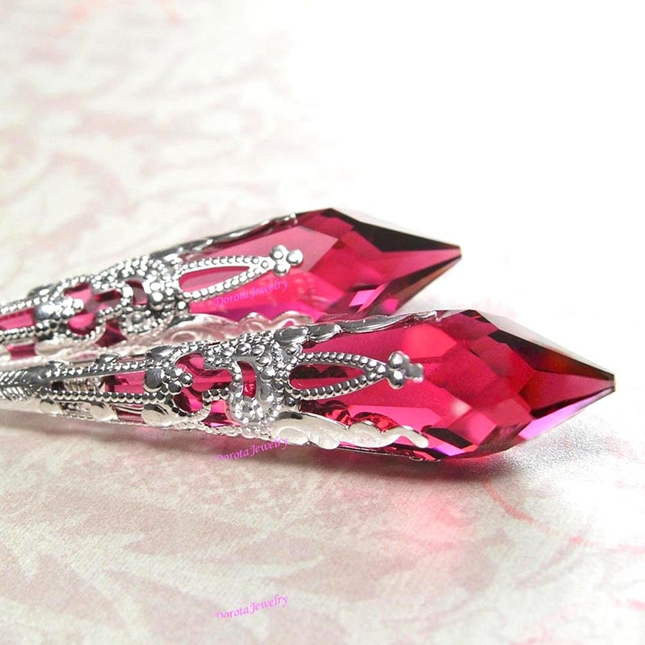 Ruby Crystal Earrings Sterling Silver Raspberry Swarovski Crystal Drop Long Earrings Fuchsia Red Pink Earrings - DorotaJewelry