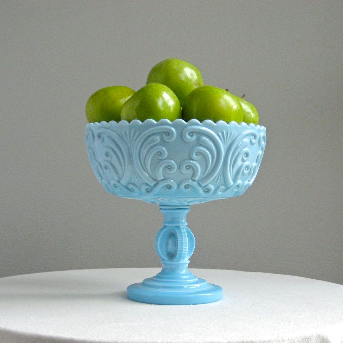 Scroll Pattern Blue Milk Glass Footed Bowl by Imperial Glass Co. 1950s