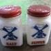 Vintage Milk Glass Salt and Pepper Shakers with Red Lids and Blue Windmills