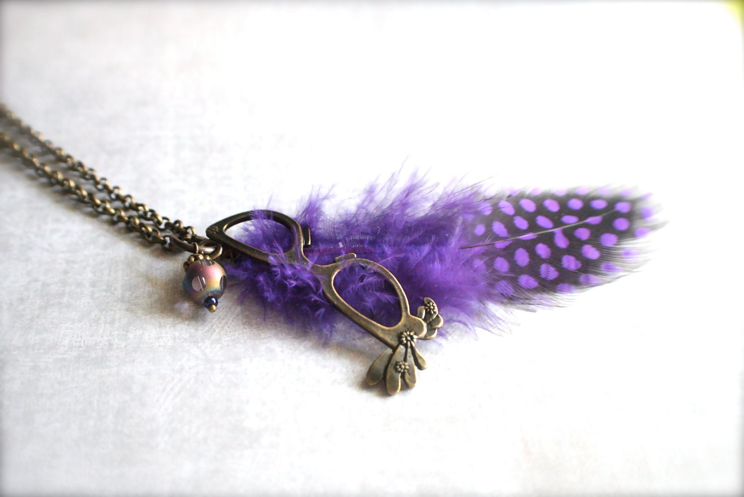 Extra long 30 inch opera length real guinea hen purple spotted feather Mardi Gras Fantasy Fest Brass necklace - EFCJewelry