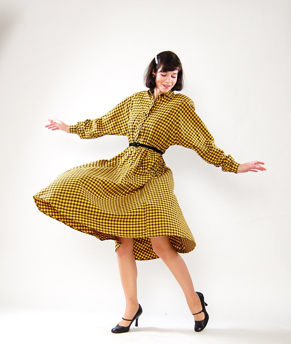 Vintage 1980s Dress - 80s Shirtwaist Dress - Yellow & Black Checkered