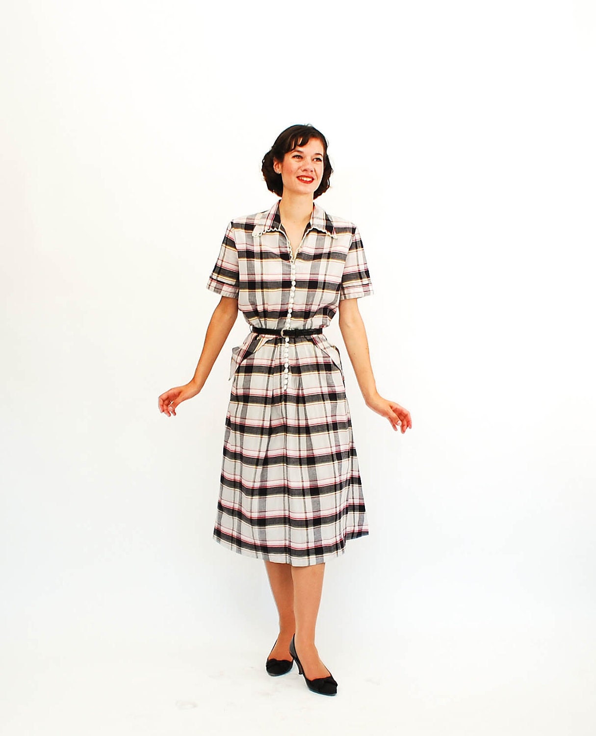 Vintage 1940s Plaid Dress - 40s Day Dress - Black White Red Plaid