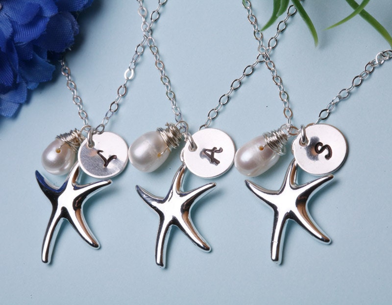 set of 5,starfish necklace,Custom Initial,wire wrapped Pearl,bridesmaid gifts,wedding jewelry,bridal jewelry gift,beach theme