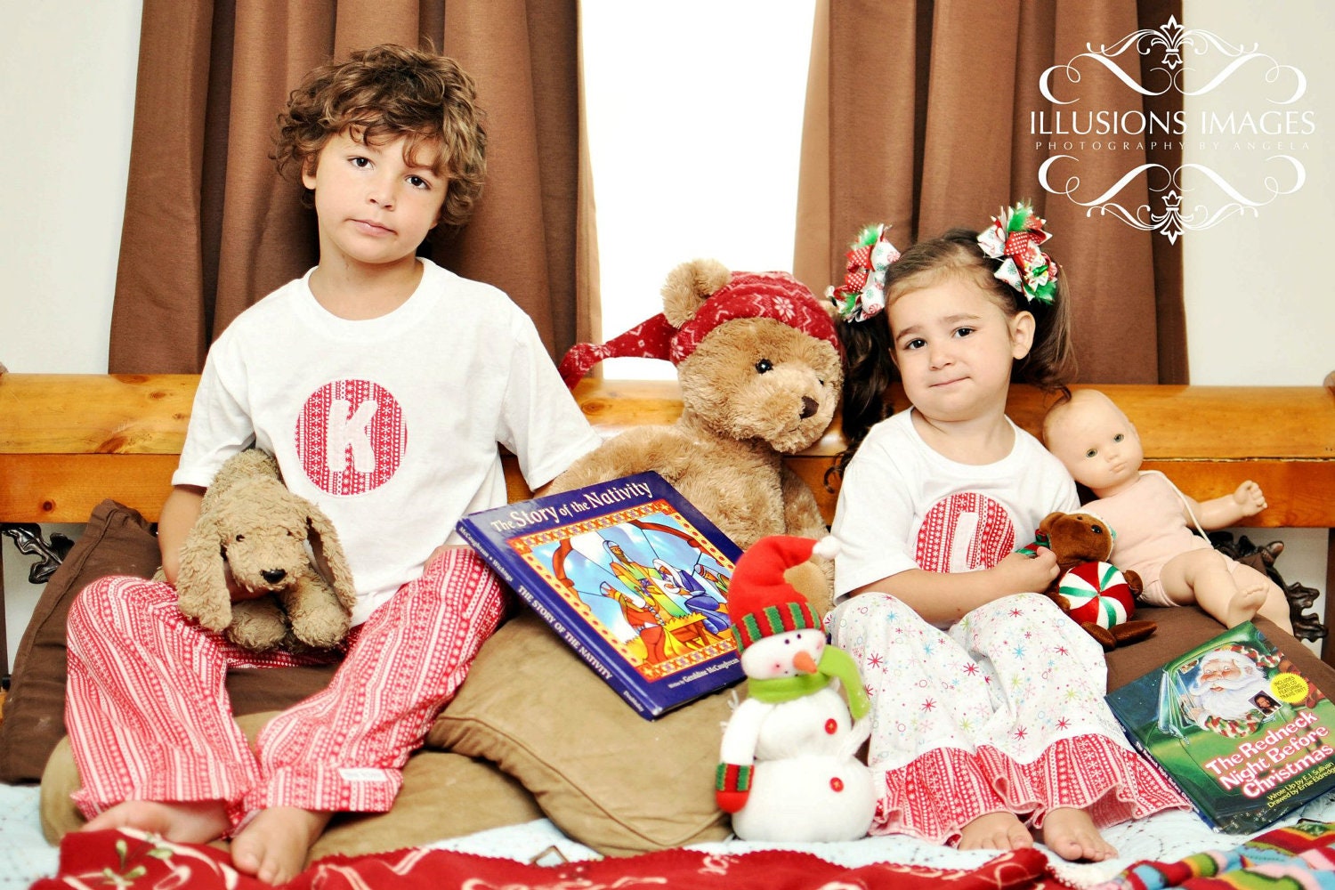 Mix & Match Christmas Pajamas (3 pair) -- Red, Green or White Cotton Lounge Pants and Appliqued Initial Tees