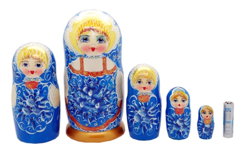 5 Authentic Gzhel Russian  Nesting dolls Matryoshka, free shipping