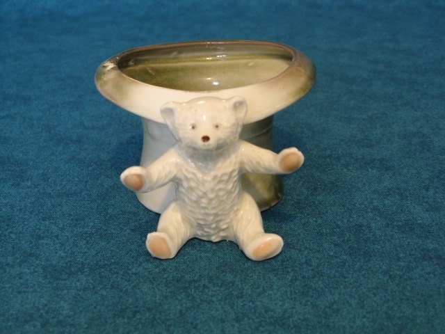 German Porcelain Pink Paw Bear Tophat Toothpick Holder Victorian Edwardian Era