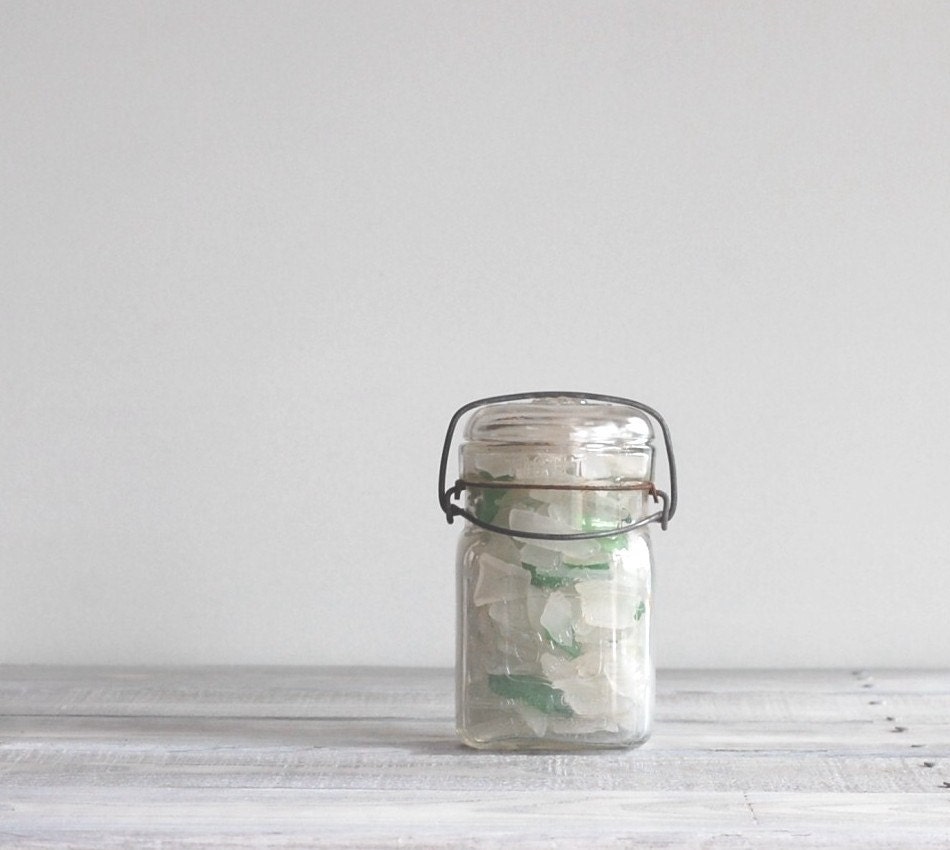 Vintage Canning Jar with Beach Glass Collection / White and Green