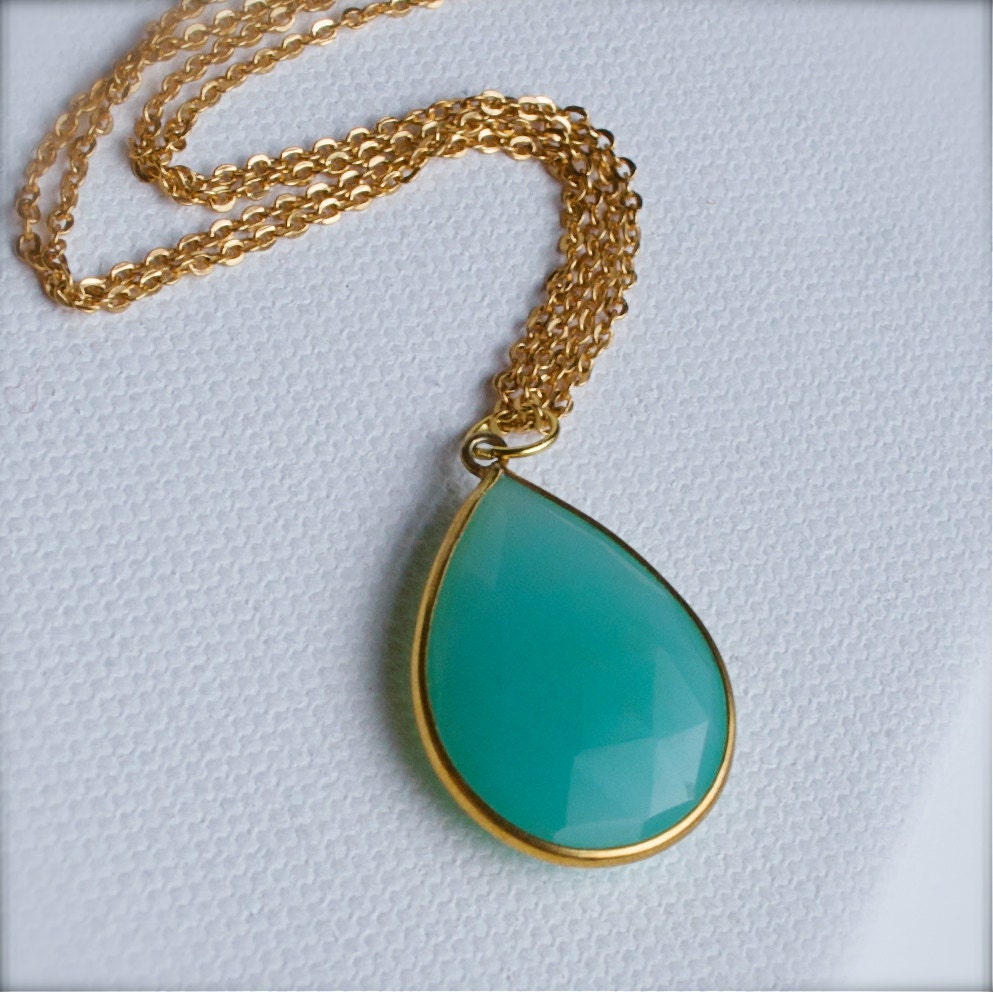 Bezel Set Chalcedony Long Necklace-Aqua Blue-Fall Fashion