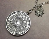 Zodiac Medallion Pendant Necklace Antiqued Silver