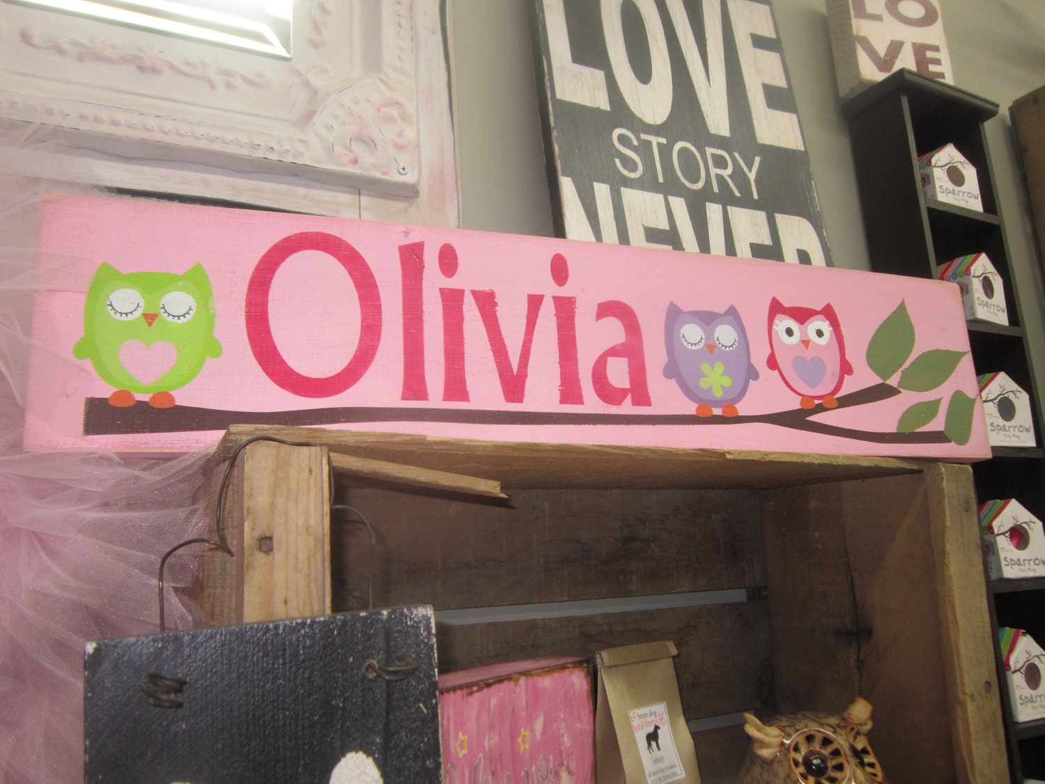 Hand Painted Custom Name on a Branch with Owls