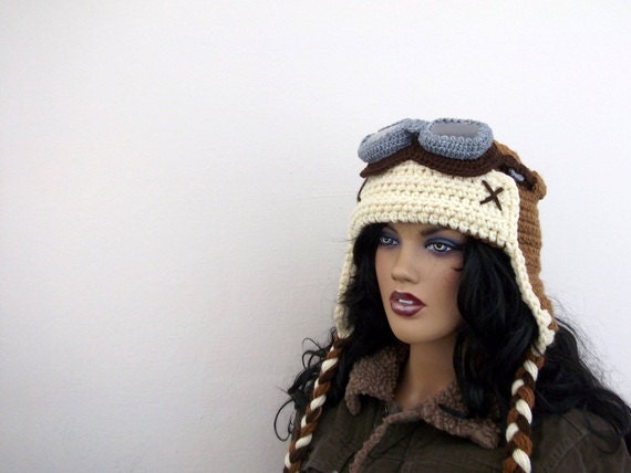 Crochet Aviator Hat Set with Goggles - tan and beige-Photo Prop - adult size