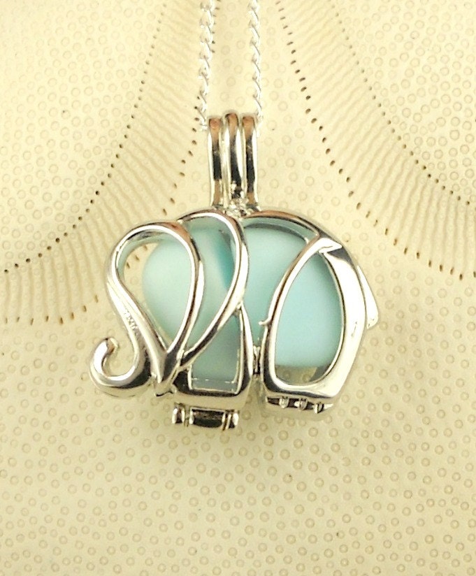 Sea Glass Necklace Elephant Locket Baby Blue Milk Glass