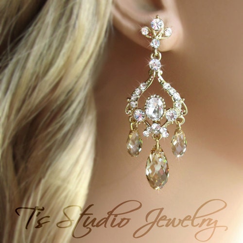 Gold Bridal Chandelier Earrings with Crystals or Pearls Wedding Jewelry - JASMINE