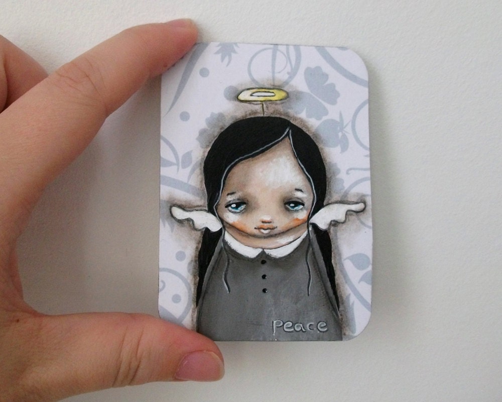 whimsical art ACEO Christmas Original mixed media girl angel folk art painting - Peace