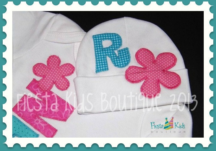 Newborn girl HAT, baby girl beanie, baby hat with initial, flower applique, custom made Il_570xn