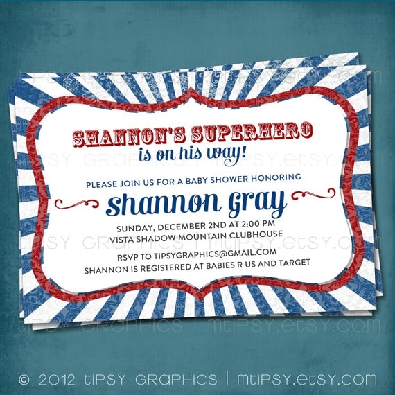 Superhero on the Way. Red White & Blue Distressed BBQ Party or Couples Baby / Wedding Shower / Company Picnic Invite. by Tipsy Graphics Il_570xn