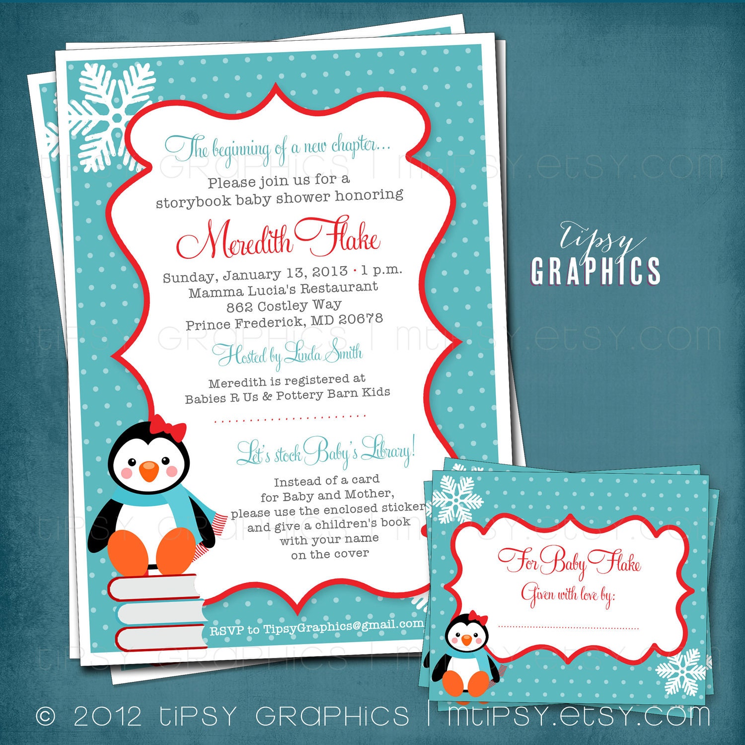 Winter Penguin Stock the Library Shower Invitation. Gender Neutral. Coordinating DIY Book Plate Design Included by Tipsy Graphics Il_570xn