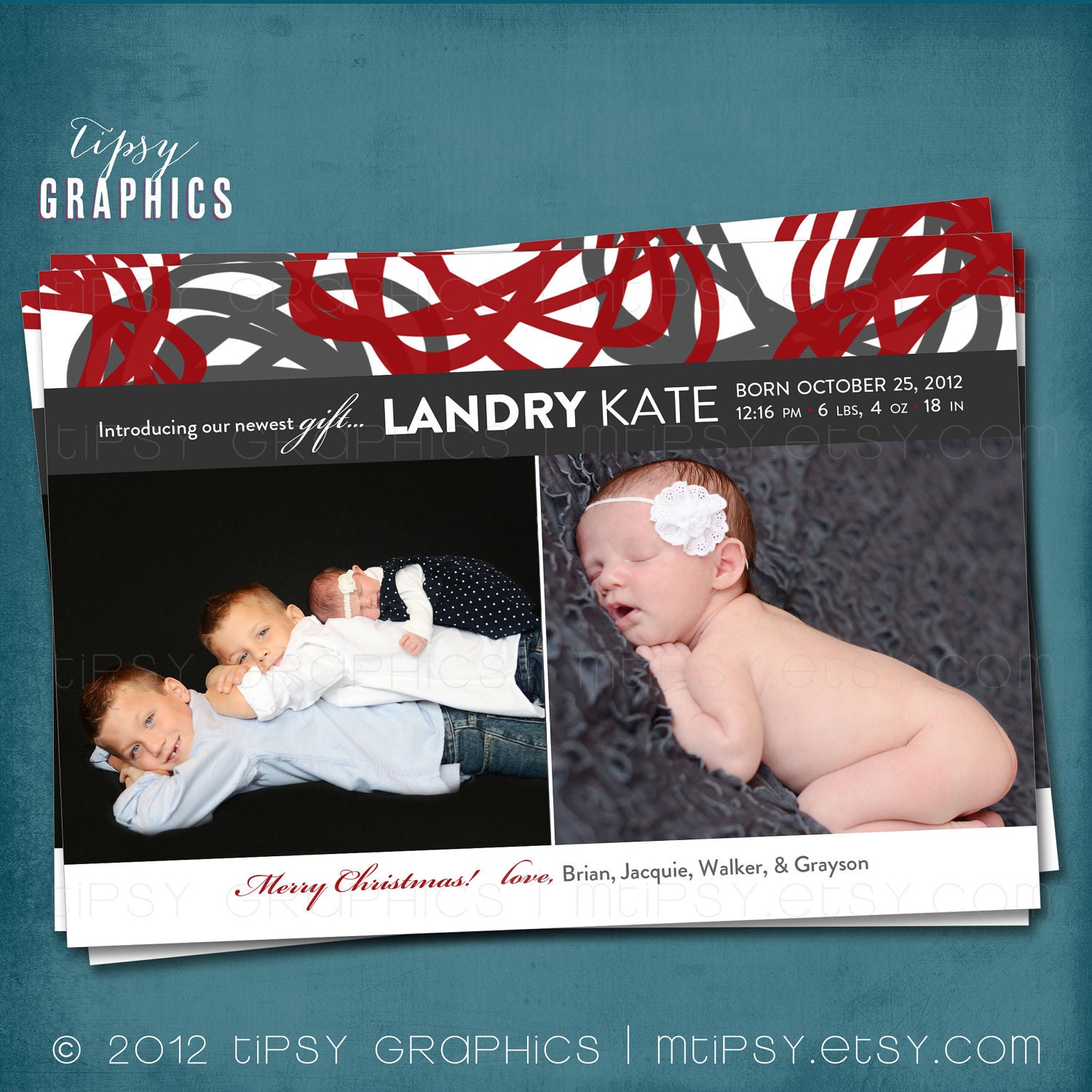 Our Newest Gift. Modern Scribble. Holiday Photo Card or Birth Announcement by Tipsy Graphics. Any colors and text, for 1 or more photos Il_570xn