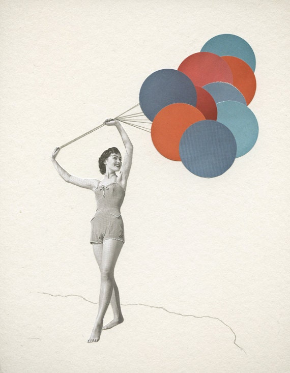 Portrait art, mid century modern, surreal art, gift for her - Balloons. 7x9" Collage Paper Print