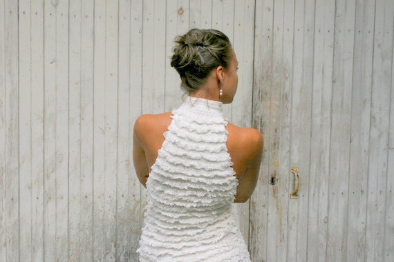 Hand knitted white glamorous Party dress, waist fit, size S/M