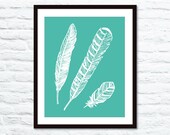 Feathers Digital Print - Boho Ethnic Tribal Decor - Aqua Mint Teal Summer Colors - Unique Wall Decor  Home Decor- Under 20
