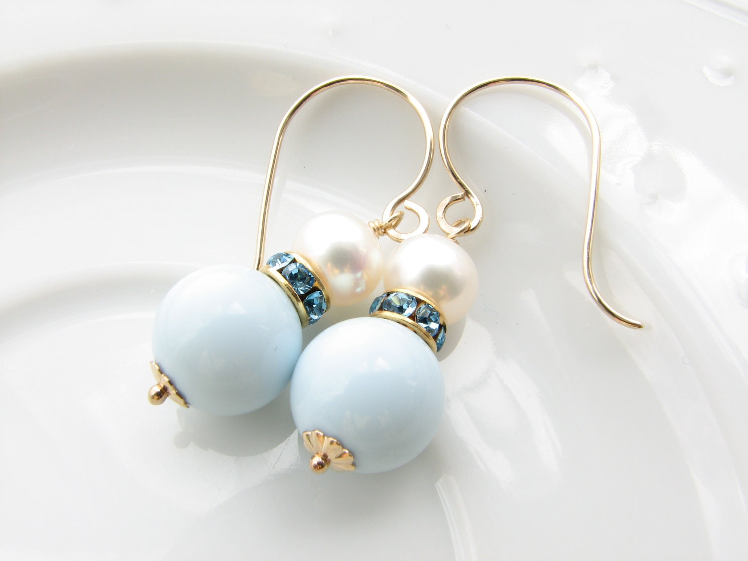 Something old something blue bridal earrings wedding bride light blue vintage beads Swarovski crystal freshwater pearl