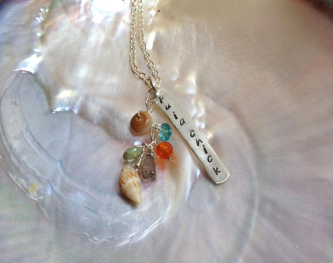 Maui Paia chick girl tag charm necklace colorful stones beachy hippie